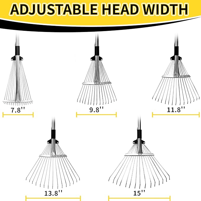 Garden Rake for Leaves,Heavy Duty Metal Adjustable Leaf Rake for Lawns,Long Handle 33-69 with Expandable Head 8-15,Garden Tools for Yard Lawn Shrub Garden Beds