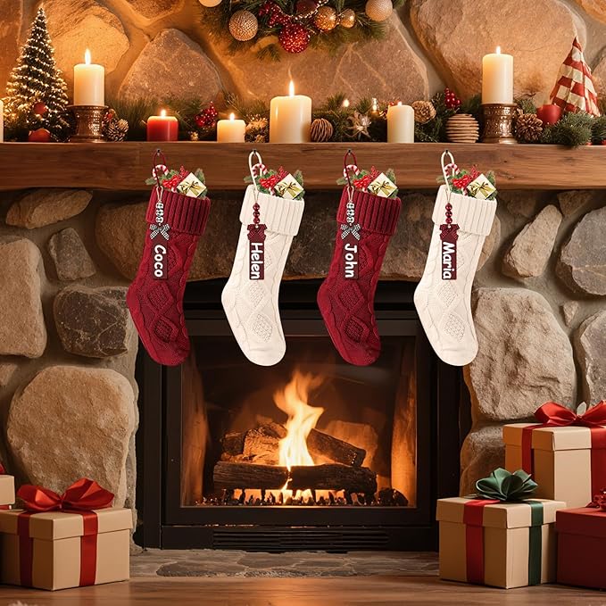 Christmas Stockings 18 Inches,Long Knitted Stocking with Name Tags, Christmas Decoration Hanging Stockings Fireplace Xmas Tree Ornaments for Home Family