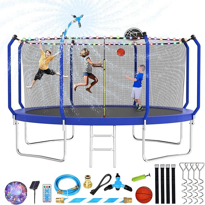 Lyromix Upgraded Trampoline 8FT/10FT/12FT/14FT With Basketball Hoop, Light, Sprinkler, Stakes - Outdoor Backyard for 4-6 Kids and Adults