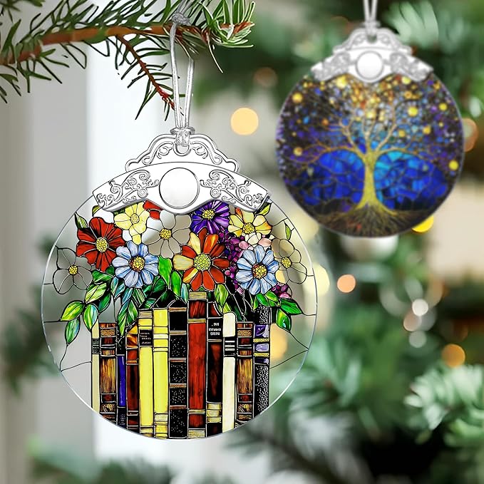 Flower Book Stained Glass Ornament, Christmas Ornaments – Christmas Tree Ornament, Holiday Decor, Xmas Stocking Stuffers, Gift Idea, Bookworm Gift, Book Reader Gifts