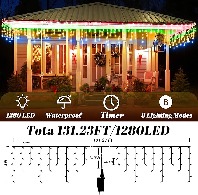 131FT 1280 LED Icicle Outdoor String Lights Multicolor - Waterproof Christmas Curtain Lights, 8 Modes Twinkle Function for Patio, Wedding, Holiday, Party Decorations