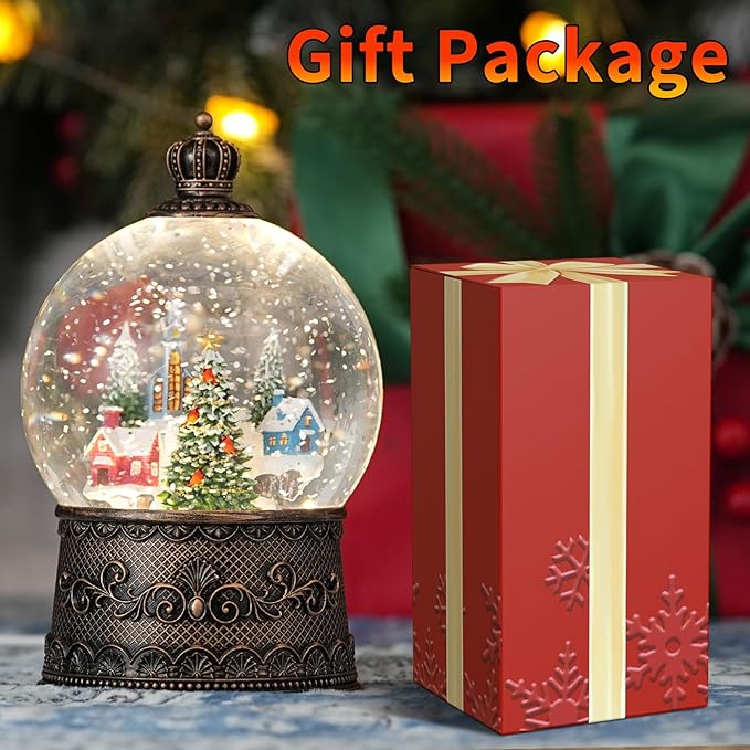 Snow Globe with Christmas Tree & Village, Light Up Christmas Snow Globes with Music Timer - USB Plug or Battery Operated Glitter Globe Indoor Christmas Decorations