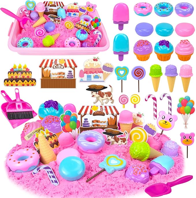 Sensory Bin, Ice Cream Play Sand Set with Magic Sand Toy for Kids, Ice Cream Toys Molds and Cleaning Tools Sandbox with Lid Sand Art Kits for Girls Toddlers Birthday Valentines Gifts