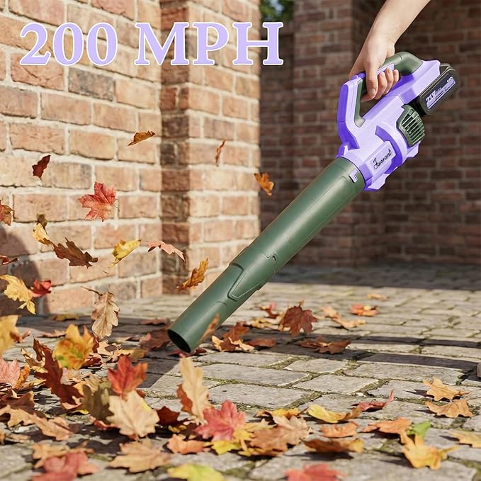 Leaf Blower Cordless with Battery and Charger, 500 CFM/200 MPH, Electric Leaf Blowers with 2 Speeds, 2 Extended Tubes,1 x 2.0 Ah Battery-Powered Leaf Blowers for Lawn Care Blowing Leaves Yard(Purple)