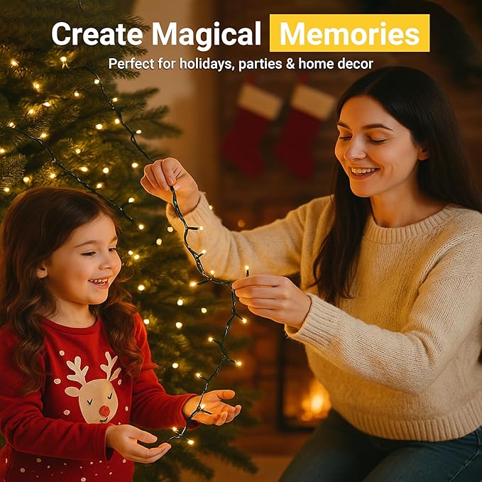 Magnetic String Lights - 60ft LED Christmas Lights with Quick Connect - Indoor Plug in - Warm & Bright White - Decorative Christmas Tree Lights