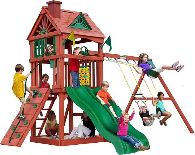 Gorilla Playsets Spring Creek Deluxe Wooden Swing Set with Wood Roof, Two Slides, Swings, and Climbing Wall