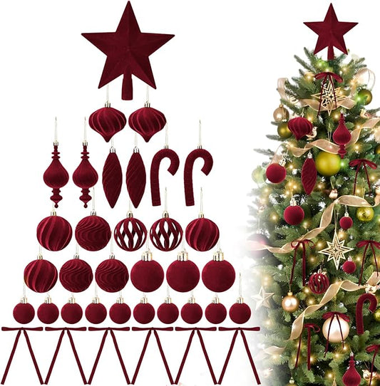 80Pcs Velvet Star Topper & Ornaments for Christmas Tree Decorations - 1 Topper Star, 2 Candy Canes, 27 Flocked Shatterproof Balls and 50 Bows (Burgundy)