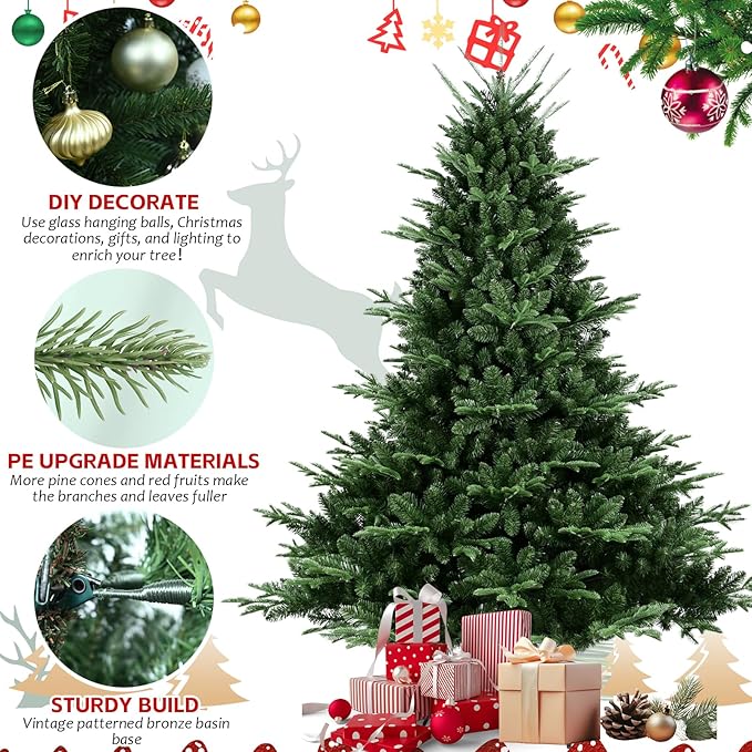 Full Realistic Christmas Tree, 6ft Artificial Christmas Tree with 1610 PE&PVC Flame-Retardant Tips, Unlit Spruce Christmas Tree, Auto Hinged Faux Xmas Tree for Home Office Holiday Decor