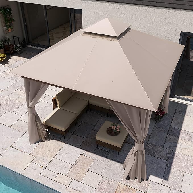 LAUSAINT HOME Semi-Permanent Patio Gazebo 10'x10' with Expansion Bolts, Outdoor Heavy Duty Party Tent with Double Roofs, Mosquito Nettings and Screens for Backyard, Garden, Lawn, Champagne Khaki