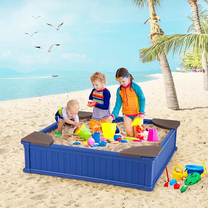 HONEY JOY 12.5 Kids Sandbox with Cover, 48 x 48 Inch Large HDPE Pit for Backyard, 4 Corner Seats & Bottom Liner, Sand Protection, All Weather Resistant Sand Boxes for Kids Outdoor (Blue)
