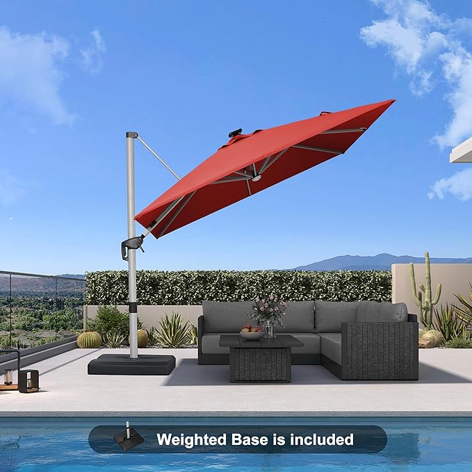 PURPLE LEAF Patio Umbrella with base 9 Feet Outdoor Square Cantilever Umbrella Solar Powered LED with 360-degree Rotation for Garden Deck Pool Patio, Brick Red