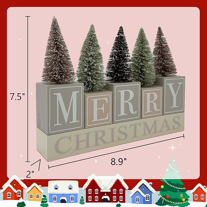 Christmas Decorations for Home Farmhouse Merry Christmas Tree Decor Wooden Winter Rustic Sign Vintage Holiday Tabletop Block for Kitchen Xmas Party Mantel Tiered Tray Gift