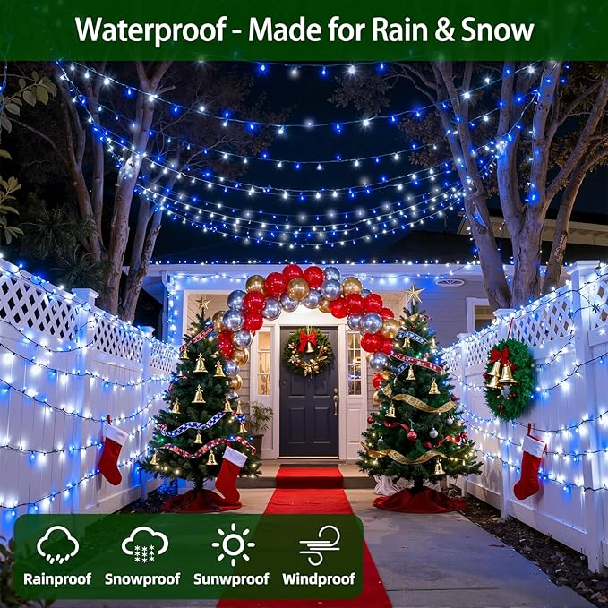300LED Chrstmas Lights, 75ft Indoor Outdoor Christmas String Lights with 12 Modes, Blue Cool White LED String Lights with Timer Dimmable Waterproof for Tree Fence Wedding Party Decor Blue & White