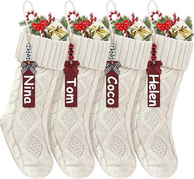 Christmas Stockings 18 Inches,Long Knitted Stocking with Name Tags, Christmas Decoration Hanging Stockings Fireplace Xmas Tree Ornaments for Home Family