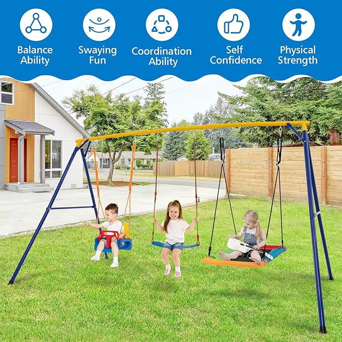 Costzon 660 lbs Swing Sets for Backyard, 3-in-1 Heavy Duty Extra Large Metal Frame with Platform Swing, Belt Swing, Baby Swing, Indoor Outdoor Playground Playset, Swing Set for Kids Toddlers
