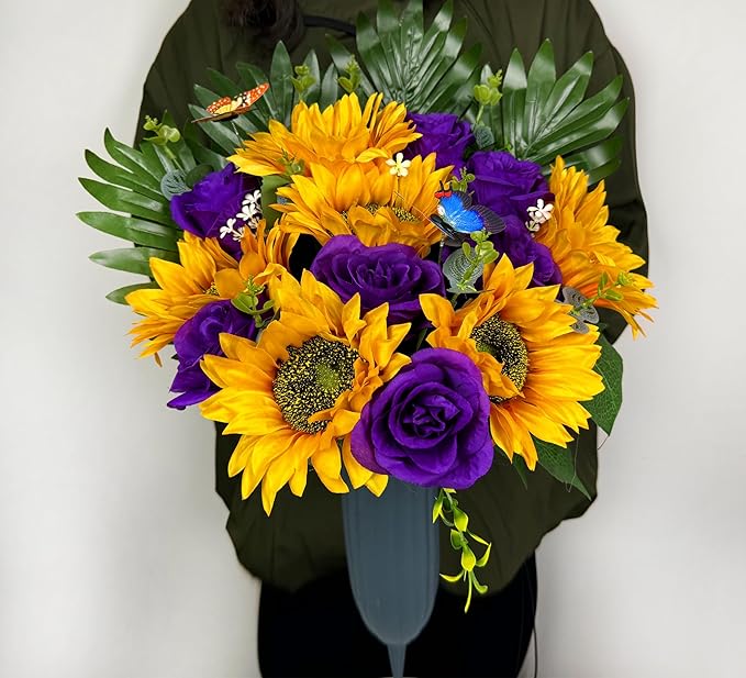 SUHOOKOO Cemetery Flowers with Vase for Grave Decor, Silk Sunflower Rose Headstone Flower,Tombstone Flower - Bright and Colorfast,Purple/Yellow