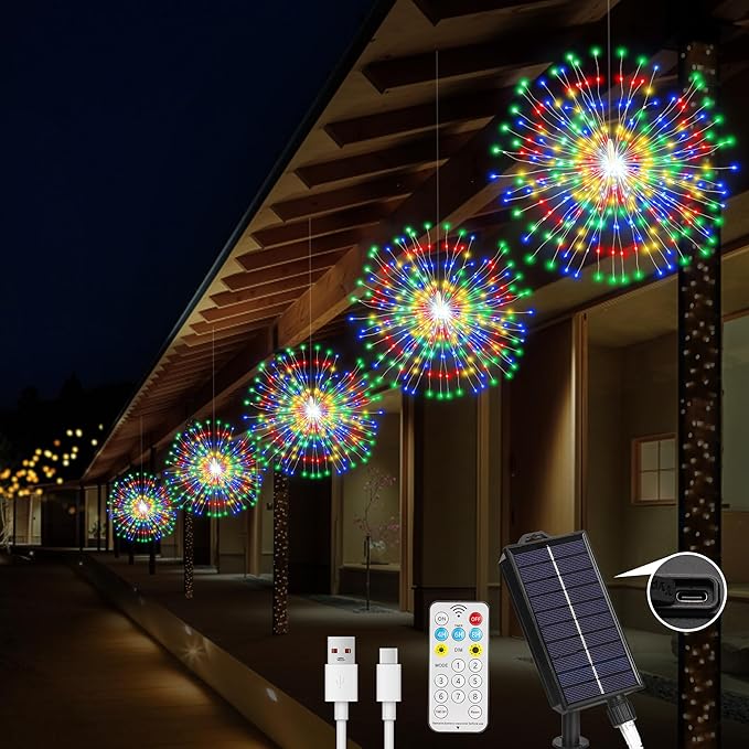 Solar Christmas Firework Lights Outdoor, 5 Pack 1000LED Solar Starburst Lights with Remote, 8 Modes Dimmable Waterproof Hanging Fairy Lights for Garden, Patio, Holiday Christmas Decor (Multicolor)