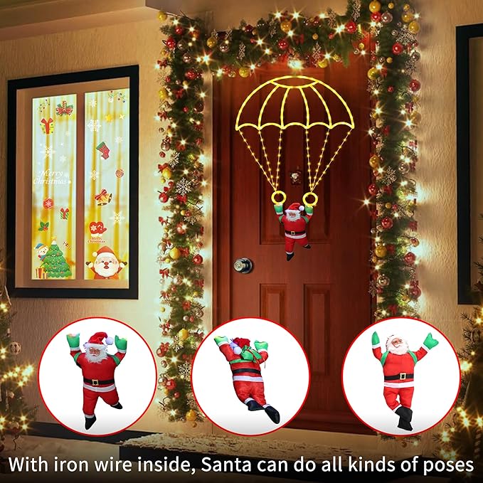 Christmas Decorations Lights Outdoor, 2.8ft LED Christmas Parachute Lights with Santa Claus, 8 Modes & Timer Battery Operated Hanging Xmas Lights for Roof Eave Balcony Home Garden Decor (Warm White)