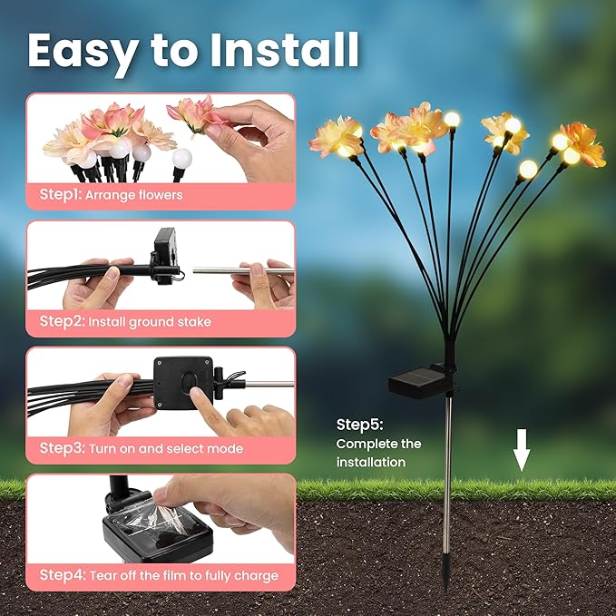 Solar Garden Lights, Decorative Solar Flowers Light for Outside, Decorative Christmas Lights, Outdoor Christmas Decorations, Fairy Lights for Patio Porch Yard Decor (4 Pack)