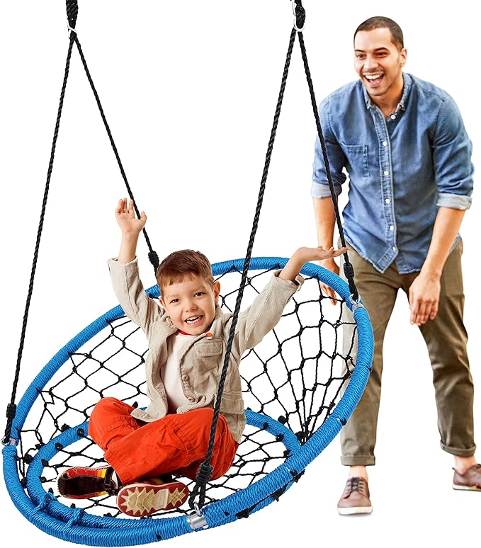 SereneLife Hanging Netted Seat Swing - 35.5 Inch Kids Indoor Outdoor Yard Round Circle Saucer Swing for Trees or Swing Sets - All Season UV Resistant Rope Swing Net Seat - SLSWNG125