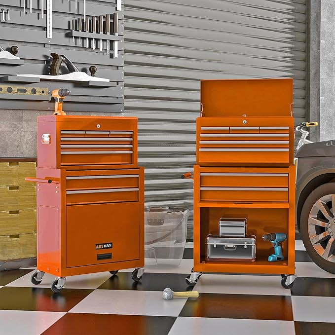 High Capacity Rolling Tool Chest with Wheels and 8 Drawers,Metal Storage Tool Cabinet W/Mobile Case,Pull Handle,4 Hooks,for Workshop Mechanics Garage,Orange