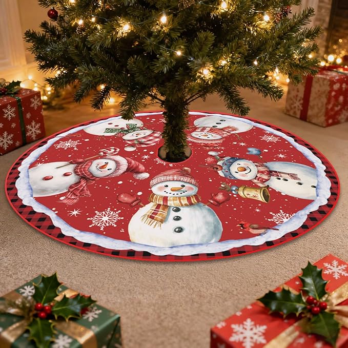 48 Inch Snowman Christmas Tree Skirt – Holiday Tree Mat for 6 to 7.5 Ft Trees, Durable & Soft Christmas Decorations for Home, Living Room, Party, Winter Holiday Decor