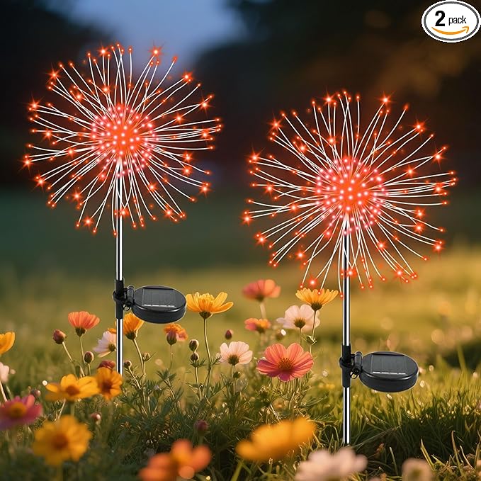 Garden Outdoor Lights, 2 Pack 120 LED Solar Garden Lights Fairy Lights Outdoor Waterproof Decorative Solar Firework Lights for Yard, Patio, Pathway, Flowerbed Party Wedding Decor, Orange