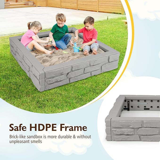 Costzon Kids Sandbox with Cover, 47x 47 HDPE Sand Box w/Oxford Cover, Bottom Liner, Reinforced Structure, Weather Resistant Outdoor Sand Pit for Backyard Lawn Garden Beach (Gray)