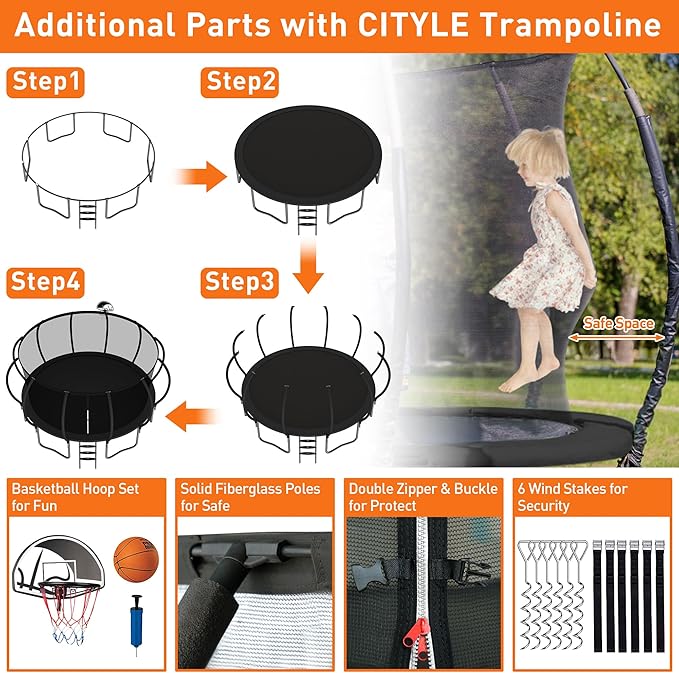 Tranpoline 1500LBS 8 10 12 14 15 16 FT Tranpoline for Kids and Adults Tranpoline with Enclosure Net, Wind Stakes, Basketball Hoop, Heavy Duty Recreational Tranpolines - ASTM Approved