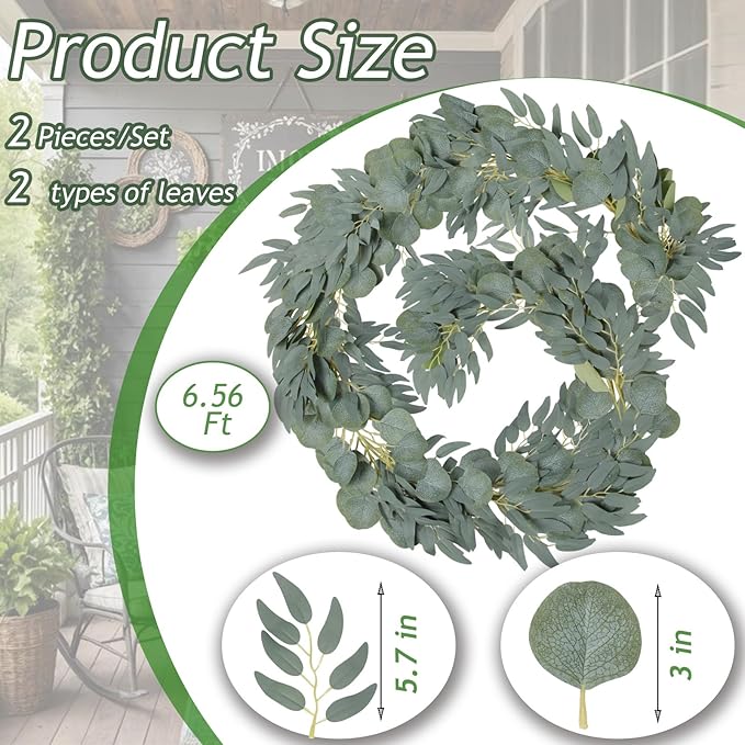 Grever 2 Pack Artificial Greenery Garlands 6.56 Feet Fake Eucalyptus Leaves Garland with Willow Leaves for Indoor and Outdoor Wedding Birthday Bridal Baby Shower Arch Table Runner Decor