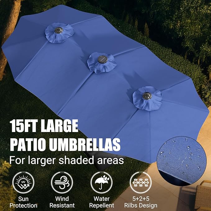 CHABATREE 15FT Rectangle Patio Umbrella with Base & Solar LED Lights - Double-Sided