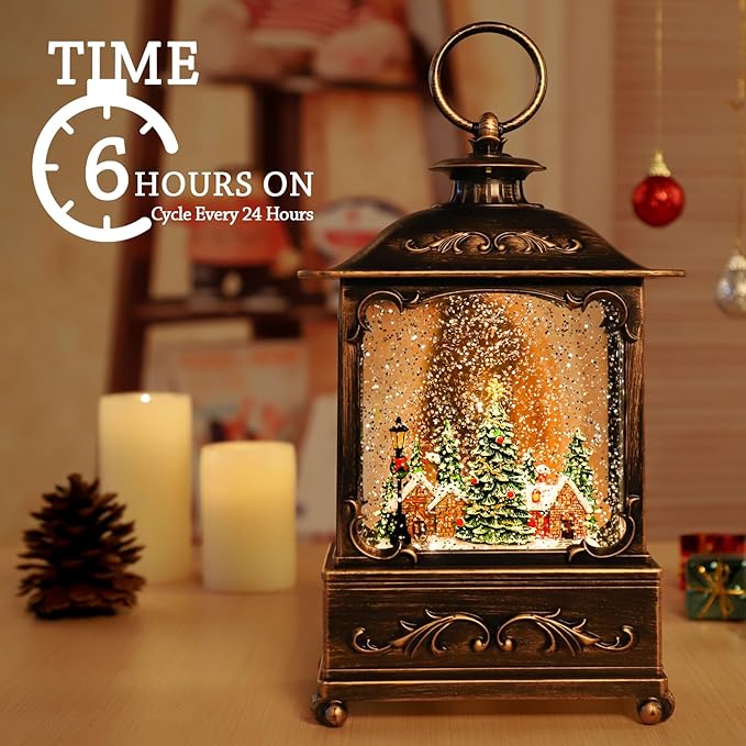 Christmas Village Snow Globe Lantern,Christmas Decorations Indoor Water Lantern Swirling Glittering with Music & Timer, USB/Battery Operated Lighted Lanterns for Home Decor Gifts (Forest House)