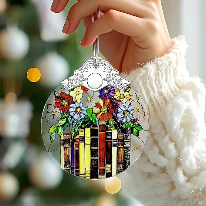 Flower Book Stained Glass Ornament, Christmas Ornaments – Christmas Tree Ornament, Holiday Decor, Xmas Stocking Stuffers, Gift Idea, Bookworm Gift, Book Reader Gifts