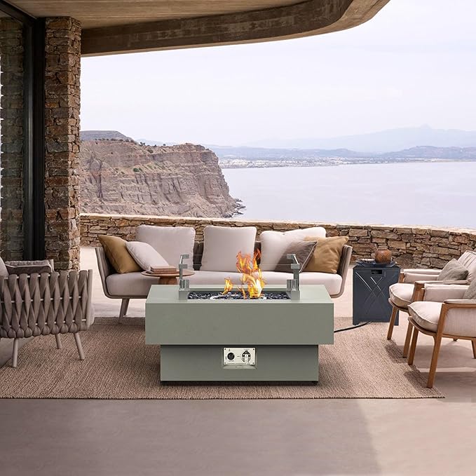 32.5-inch Outdoor Gas Fire Pit with 20lb Propane Tank Cover Table & Wind Glass Shield, 50,000BTU Propane Gas Fire Pits for Outside Patio w/Square Burner Lid, Glass Rocks