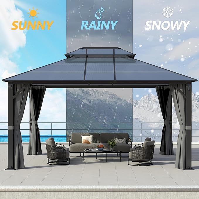 GARTOO 12x14FT Polycarbonate Hardtop Gazebo with Double Roof - Heavy-Duty Steel Frame Gazebo with Breathable Netting & Privacy Curtain for Patio, Porch, Garden, Lawn, Deck, Backyard