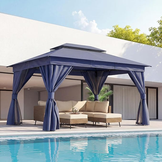 LAUSAINT HOME 10x13ft Outdoor Patio Gazebo with Double Roof, Heavy Duty Waterproof Gazebo Canopy Tent with Mosquito Netting for Backyard, Garden, Lawn & Wedding, Navy Blue