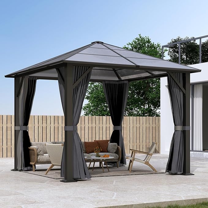 10x10FT Gazebo Hardtop, Outdoor Patio Gazebos with Polycarbonate Roof & Steel Frame, Outdoor Pavilion with Gray Curtain&Netting for Backyard/Lawn/Garden/Deck