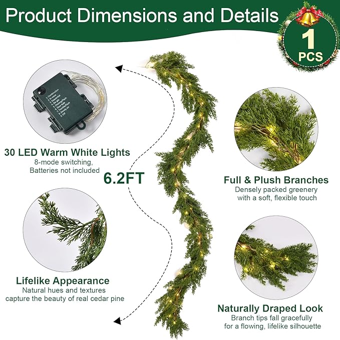1PCS 6.2FT Christmas Garland with Lights, Real Touch Cedar Garland Artificial Realistic Thick & Lush Greenery, Soft Artificial Pine Garland for Mantle Fireplace Table Wall Indoor Christmas Decorations