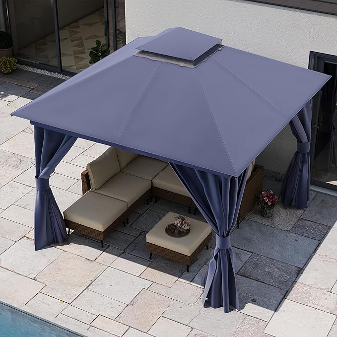LAUSAINT HOME 10x10ft Outdoor Patio Gazebo with Double Roof, Heavy Duty Waterproof Gazebo Canopy Tent with Mosquito Netting for Backyard, Garden, Lawn & Wedding, Navy Blue