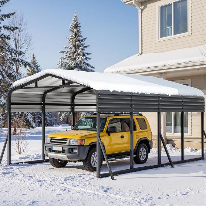 12x20FT Metal Carport, Heavy Duty Car Garage w/Reinforced Support Rods and Windproof Ground Anchors, All-Weather Multi-Use Outdoor Shelter for Car, Boats and Truck