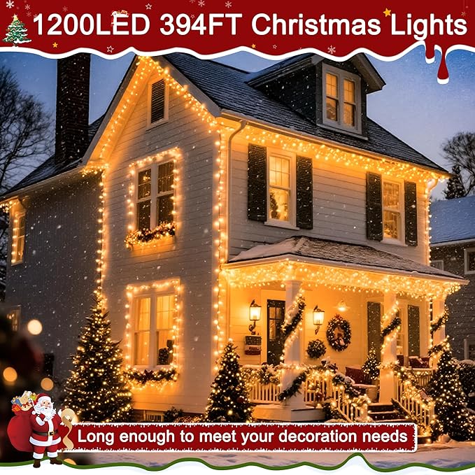 394FT 1200 LED Christmas Lights Outdoor, Warm White Christmas Tree Lights Plug in, 8 Modes Twinkle String Light for Bedroom Wedding Party Ceiling Xmas Home Decorations