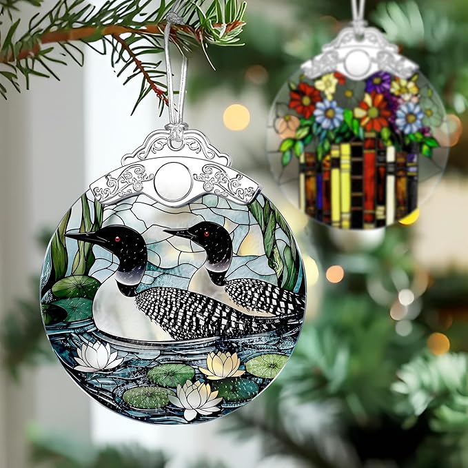 Loon Birds Stained Glass Ornament, Christmas Ornaments – Christmas Tree Ornament, Holiday Decor, Xmas Stocking Stuffers, Gift Idea, Gifts for Bird Lover, Coworker, Friend, and Family