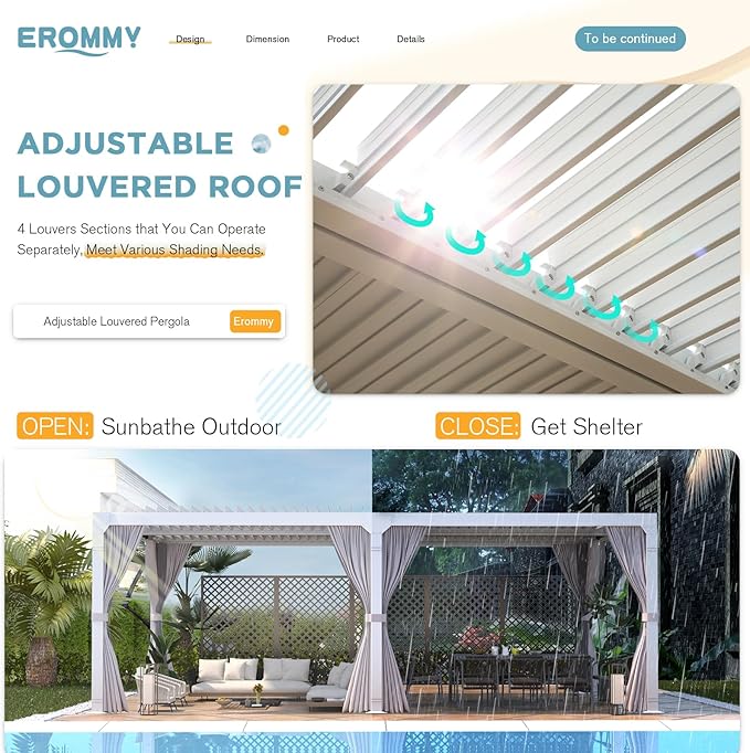EROMMY Louvered Pergola 12' x 24' Outdoor Hard Top Pergola with Aluminum Frame and Adjustable Metal Rainproof Roof for Garden & Patio, Curtains and Netting Included, White