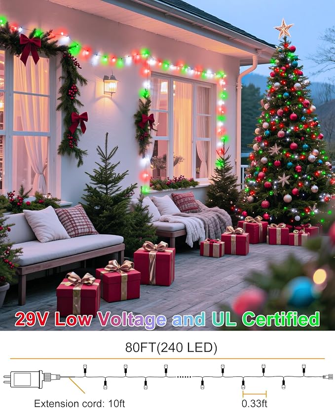 Red and Green Christmas Lights Outdoor, 80FT 240 LED Christmas Tree Lights Waterproof Plug in, 8 Modes Connectable Christmas Decorations Green Wire for Indoor Room Xmas Garden Party