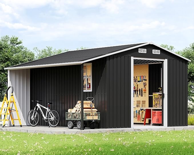 Jocisland Outdoor Storage Shed 10.6x10.3x6.3 FT, Rolling Door Shed with Dual 4-Pane Windows for Wood Storage, Dark Grey/White