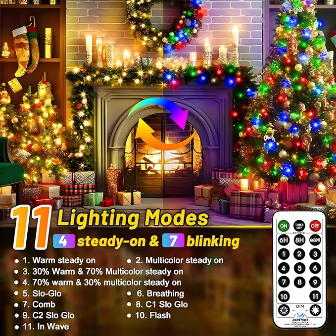 KNONEW 720 LED 337FT Christmas Lights Outdoor Clear Wire Color Changing String Lights with 11 Modes & Timer Dimmable Fairy Light for Xmas Tree Roof Yard Wedding Decorations(Warm White to Multicolor)