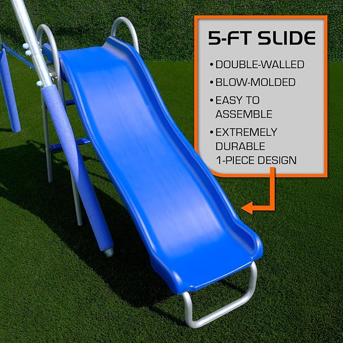 TSC Malibu Swing Set for Kids, Outdoor Metal Playset with 5ft Slide, 38" Saucer, Surfboard Swing, Standing & Blow-Molded Swing – Backyard Fun with 500lbs Max Capacity
