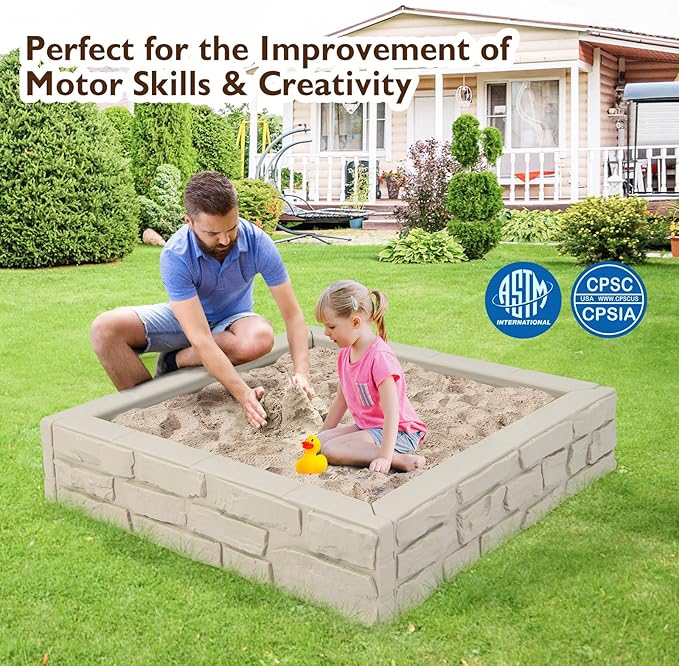 Costzon Kids Sandbox with Cover, 47x 47 HDPE Sand Box w/Oxford Cover, Bottom Liner, Reinforced Structure, Weather Resistant Outdoor Sand Pit for Backyard Lawn Garden Beach (Oxide White)
