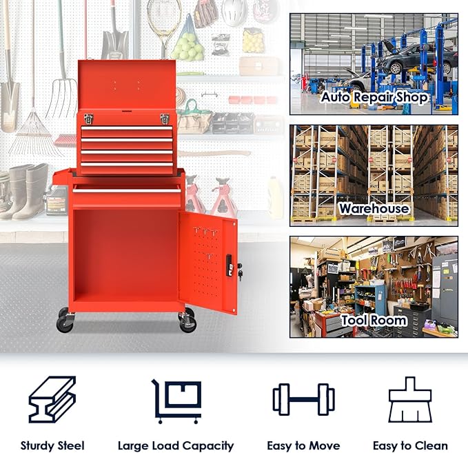 5-Drawer Rolling Tool Chest, High Capacity Removable Tool Storage Cabinet, Detachable Toolbox with Lock for Garage Warehouse and Tool Room (Red)
