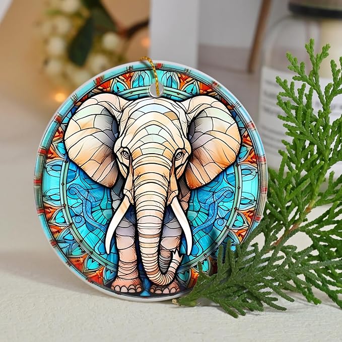 Elephant Ceramic Ornament - Christmas Tree Elephant Keepsake Gifts - Animal Lovers Ornament